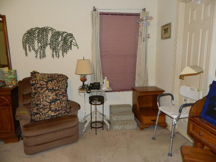 Rocker Recliner, end table, small desk for when in chair, bath chair, plant stand, lamp, wall hanging, floor lamp (vinage)
