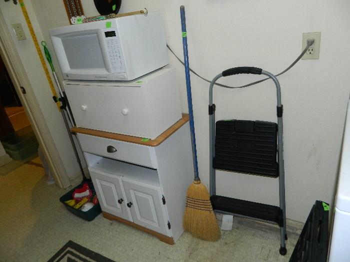 Microwave, cart, step stool