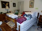 Full bed, headboard, footboard, mattress & box spring. Miscellaneous bedding, sheets, etc.