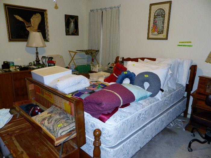 Full bed, headboard, footboard, mattress & box spring.  Miscellaneous bedding, sheets, etc.