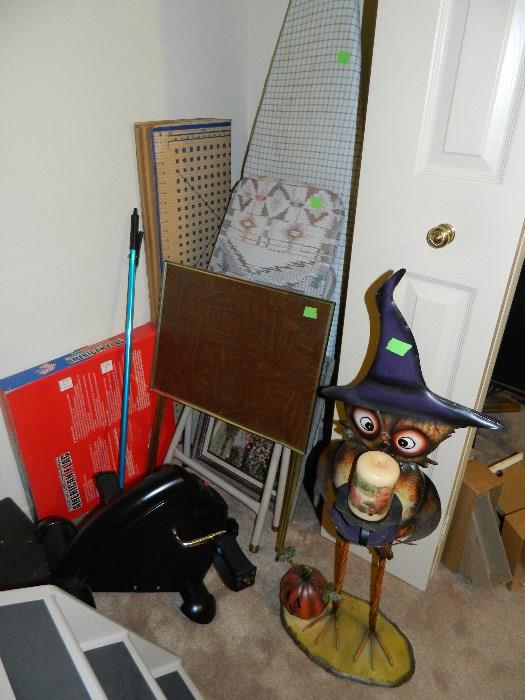 Miscellaneous items in bedroom, owl for Halloween, tray table, pet stairs, etc.