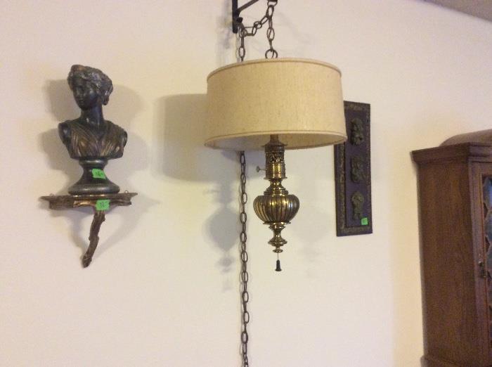Vintage hanging lamp - metal, placque, bust and wall shelf