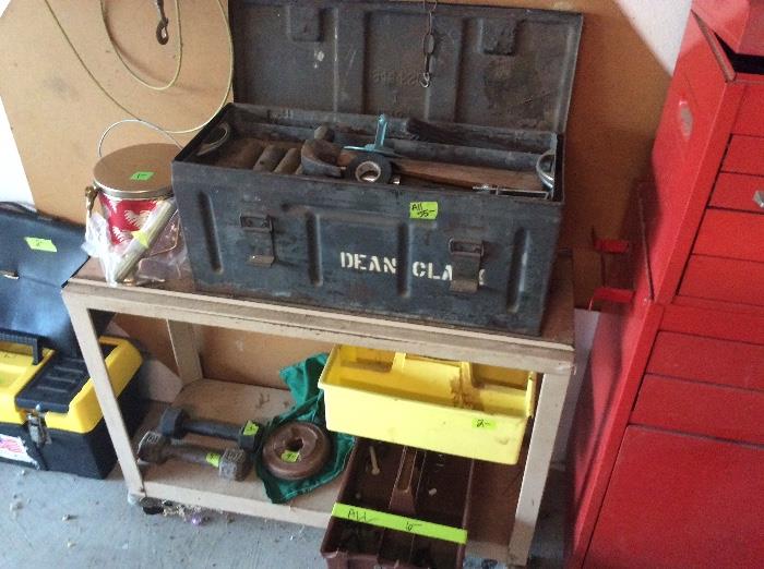 Old metal military box full of tools, table, plastic holders, etc.