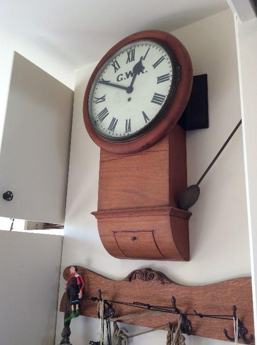 Great Western Railroad fusee clock, antique tiger oak coat rack