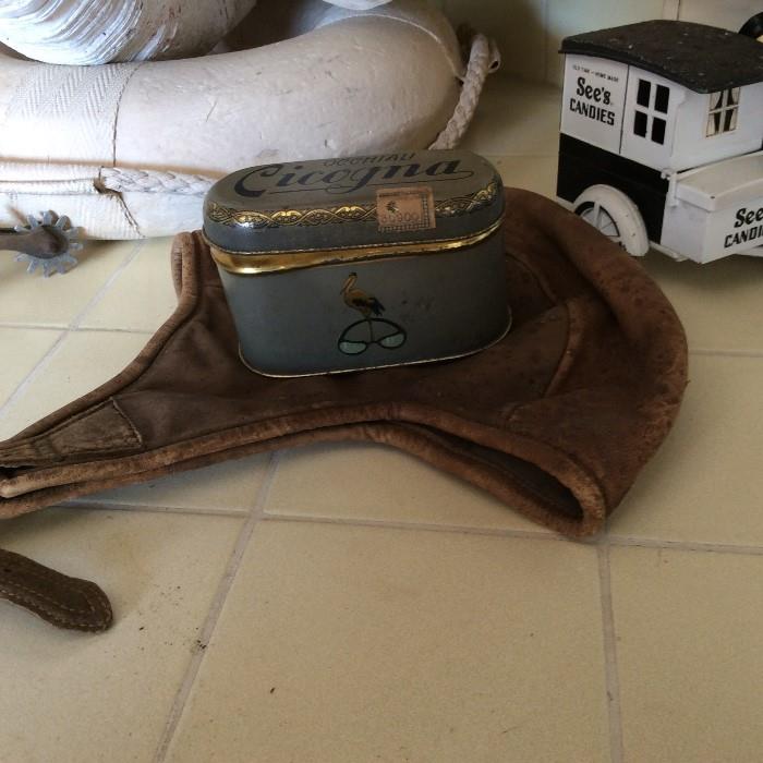 Old Italian motorcycle "helmet" with goggles in original tin