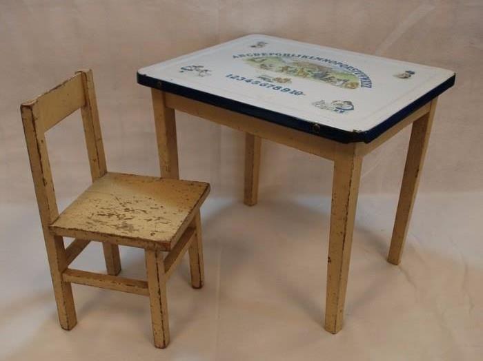 Antique Child;s Porcelain Top Alphabet Table & Chair
