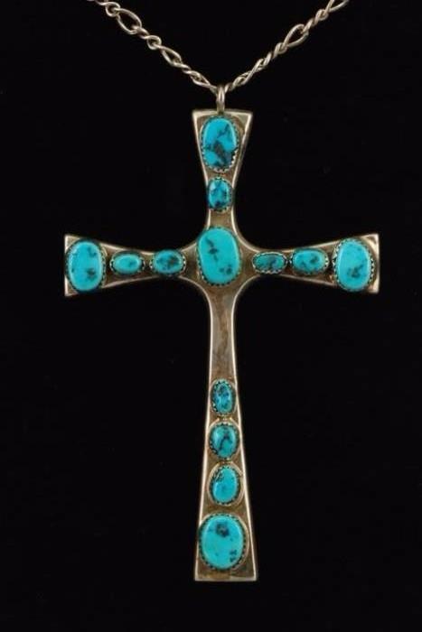 Large Hand-Crafted SS & Turquoise Cross Pendant
