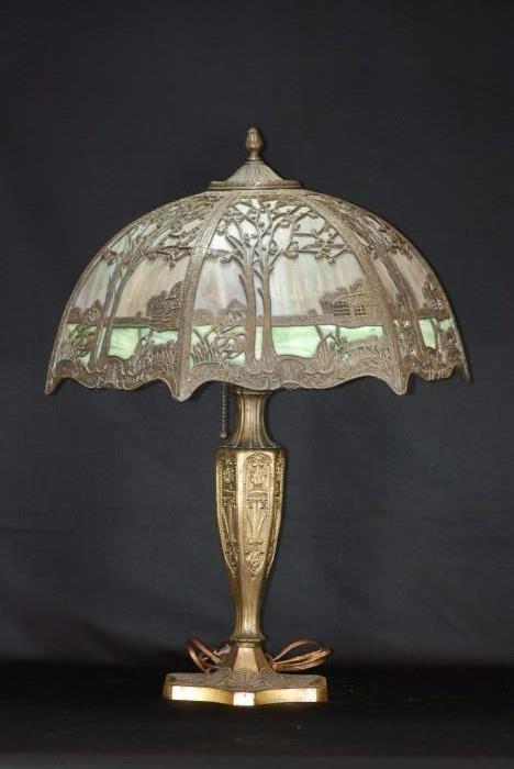 Antique Panel Glass Lamp W/ Cabin Fretwork