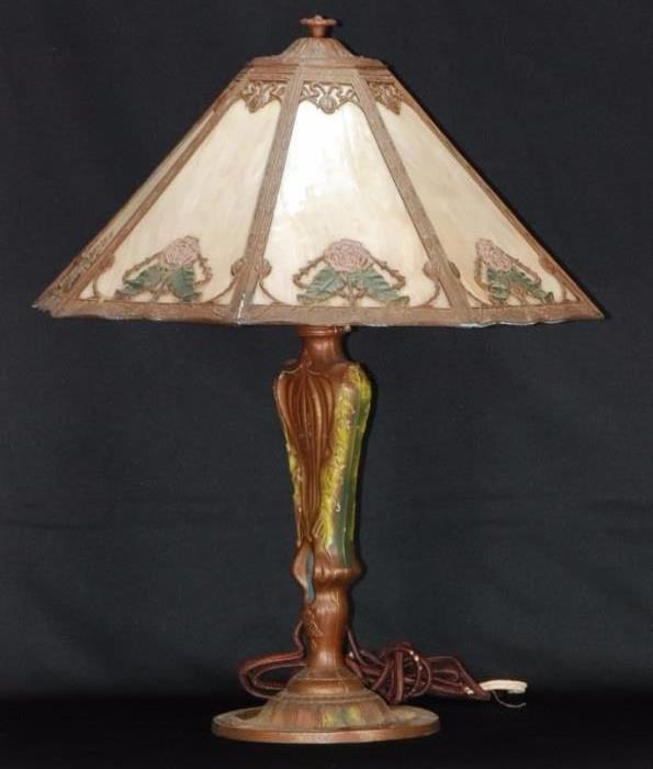 Signed Rainaud Antique Panel Glass Lamp