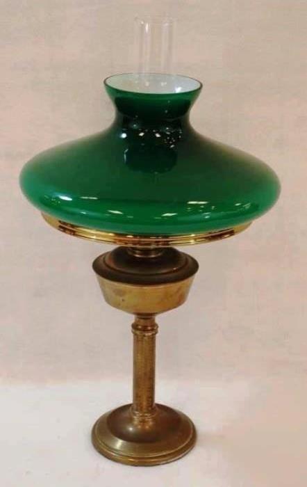 Student Oil Lamp With Green Cased Glass Shade