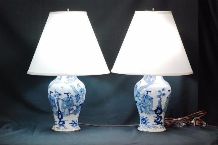 Vintage Oriental Blue & White Ceramic Lamps