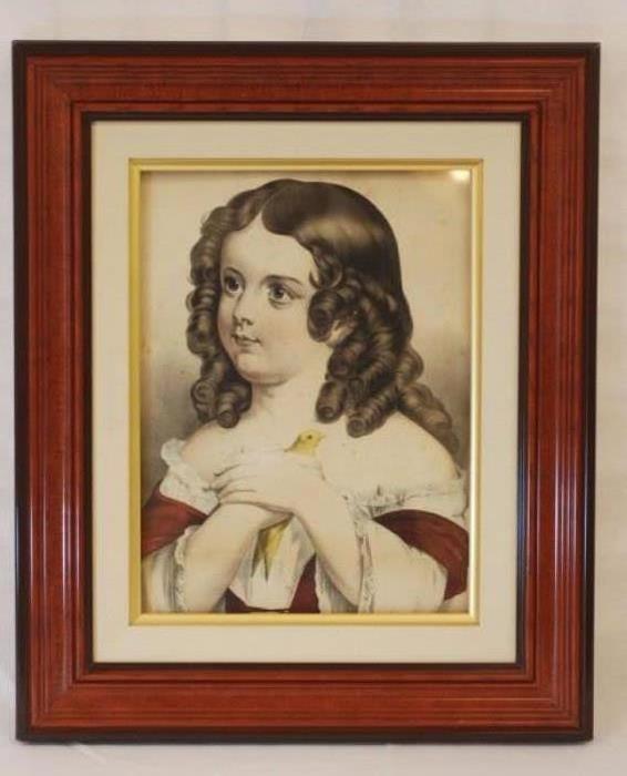Framed Antique Print of Little Girl W/ Yellow Bird