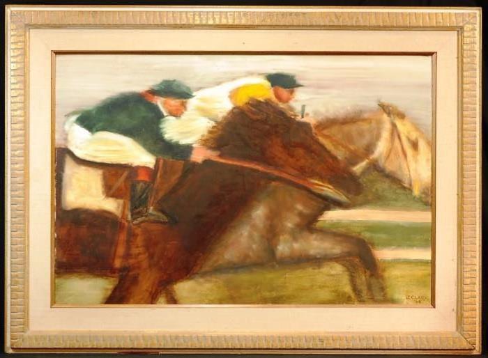 J. Clark 1964 Oil Painting "Racing Horses"