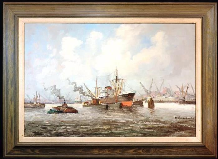 M. Heardermann Harbour Scene Oil on Canvas Painting