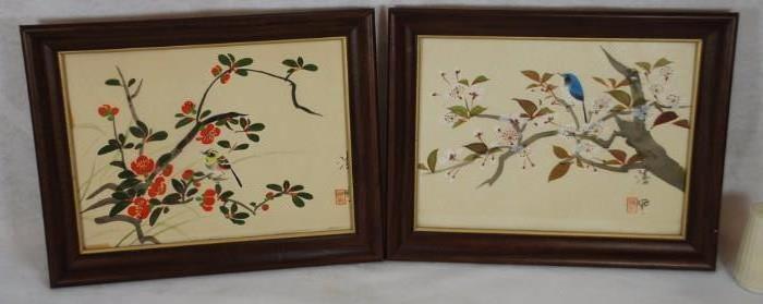 Signed Pair of Selifu Kojima Silk Paintings