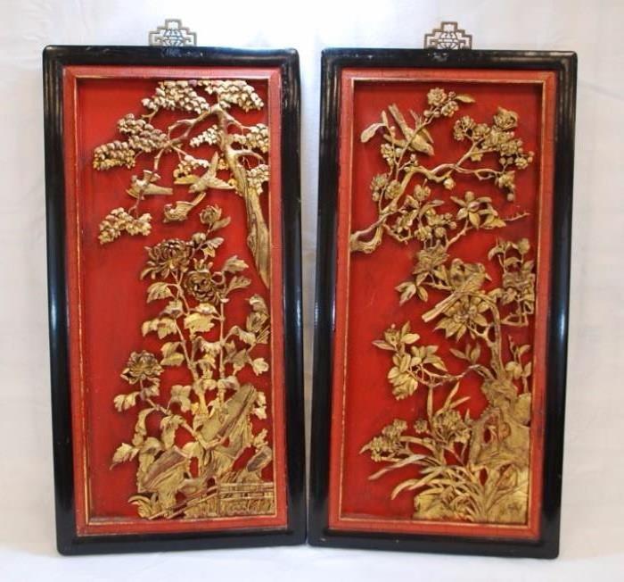 Vintage Pair Oriental Hand Carved Wood Wall Decor