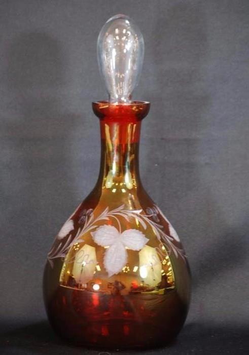 Vintage Bohemian Cranberry Etched Glass Decanter
