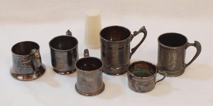 6 Antique Pewter and or Silver Plated Baby Cups