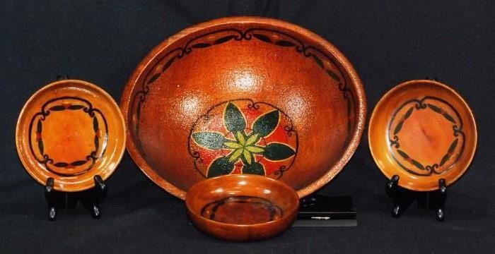 One Large and Three Tole Painted Wooden Bowls
