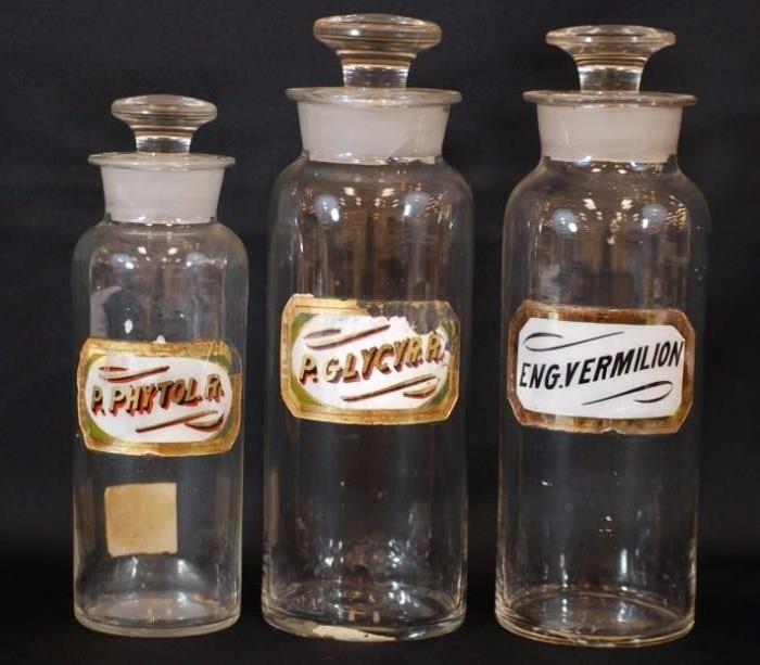 3 Antique Apothecary Jars W/ Glass Labels