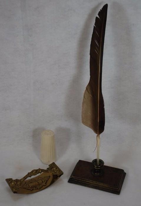Antique Feather Pen Holder & Brass Blotter
