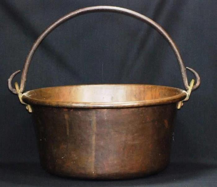 Copper & Brass Cooking Pail W/Hammered Iron Ball
