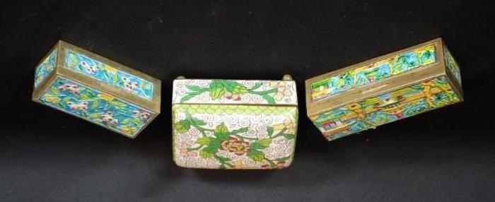 Chinese Cloisonne Box and Two Enameled Stamp Boxes