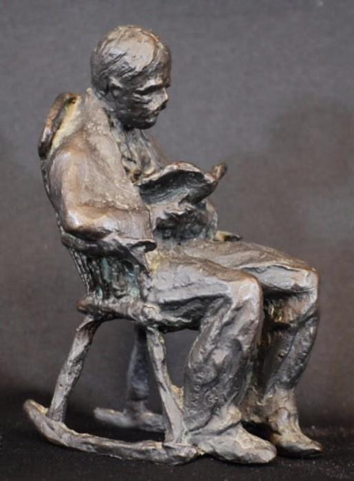 6" Tall Signed Bronze Sculpture, Man Reading