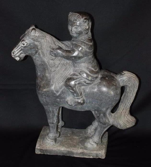 Chinese Horse and Rider Hard Stone Scuplture