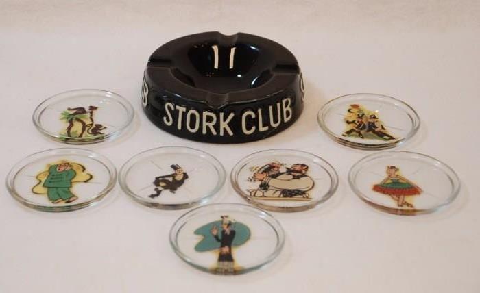 Stork Club Ash Tray & 7 Decal Glass Coasters