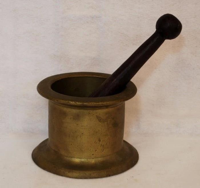 Antique Large Brass Mortar With Iron pestle