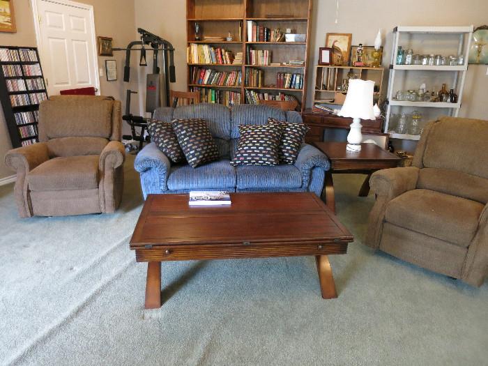 Nice Furniture, Recliners, Sofa Recliner, Fold Out Coffee Table and End Table, Bookshelves, 