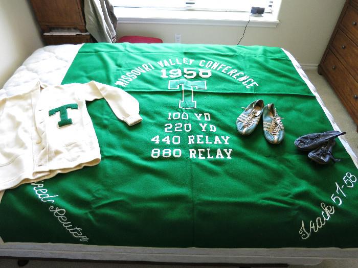 Vintage University of North Texas Track Blanket, Letter Sweater, Track Shoes