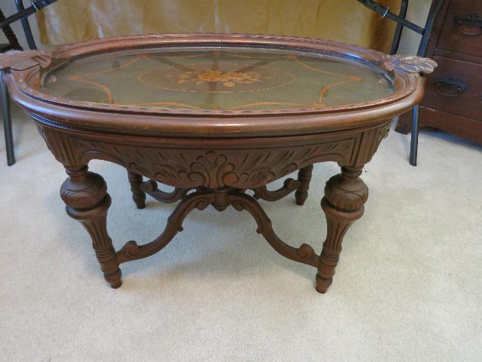 Beautiful Wooden Inlaid Table With Removable Glass Tray Top