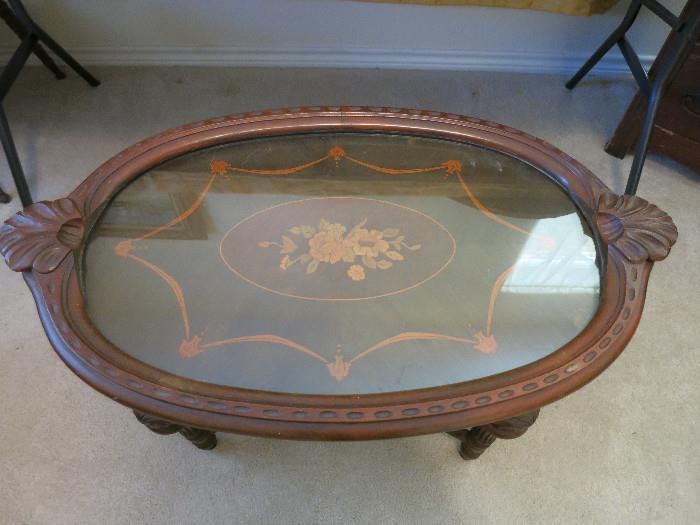Beautiful Wood Inlaid Table With Tea Tray