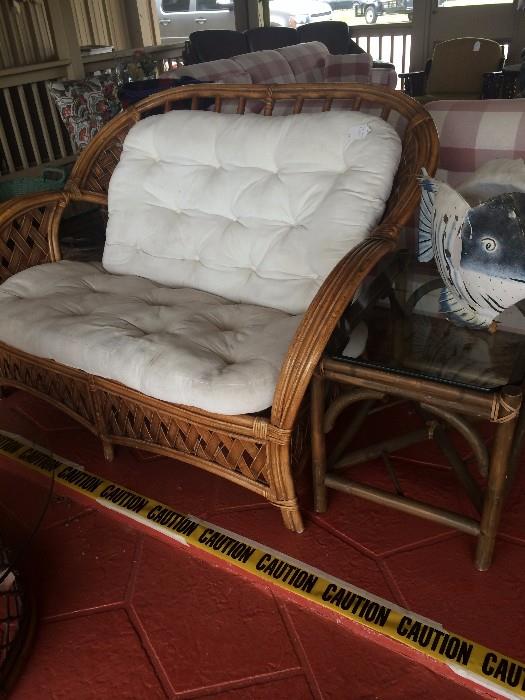 Rattan settee & 2 end tables