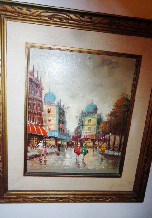 Vintage Paris street scene oil painting, plus water colors and prints