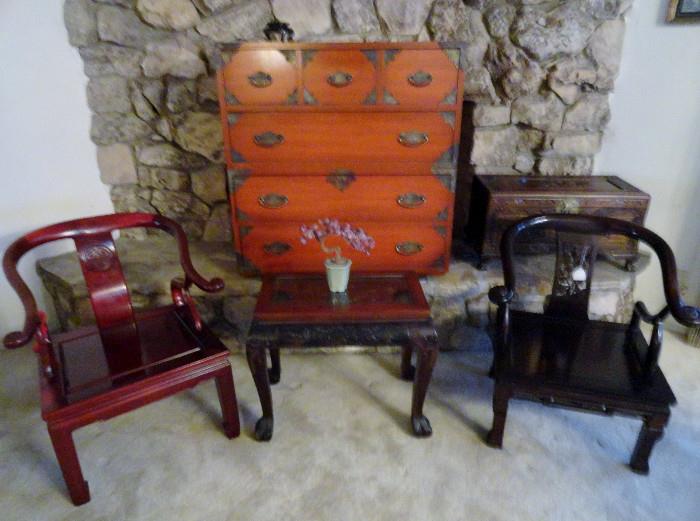 Great vintage Chinese chest, two Emperor style chairs.  Carved table and small chest     