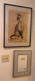 Watercolor of Siamese cat by Ednah -  done on an old Seattle Japanese language newspaper, and "Between Seasons", serigraph (silkscreen print) by Lewis Spaulding 