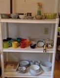 Cathrine Holm chartreuse & yellow enamel bowl, stoneware bowls & mugs, Asian bowls, colorful Fiesta mugs, Denby "Corfu" serving bowl & matching casserole, kitty bowls, Pampered Chef square casserole dish, other ceramic baking dishes by Apilco & Cordon Bleu