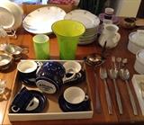 Arabia Ulla Procope "Valencia" teapot + 4 cups & saucers (teapot is missing lid), colorful glass vases, silverplate & stainless serving utensils, silverplate baby flatware