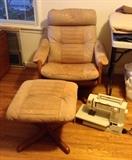 Leather recliner & ottoman by Lied Mobler (Norway) & Viking Husqvarna "Classica 105" portable sewing machine.  Fun fact:  Don Draper had one of these chairs in his Manhattan apartment on "Mad Men".