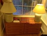 Teak 8-drawer low dresser (54.5" long), pair of celadon colored ceramic table lamps, vintage white beaded clutch purse (Belgium), colorful woven scarves