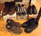Quality shoes/active footwear including Red Wing boots (mens size 7), never worn Shimano cycling shoes with cleats (size 8.5/42), Merrell brown leather slip-ons (size 40), New Balance walking shoes (size 41)