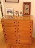 Ikea-style cabinet with many drawers - plus a few vintage postcards & Zuni sand painting