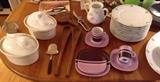 Apilco rabbit & boar casseroles (France), ikebana scissors, Norway cheese slicer, mod wood salad servers, round Dansk cheese board with built-in knife, Italian poultry shears, Block Langenthal purple stripe dessert set (Switzerland)