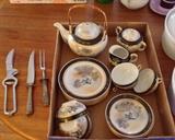 Vintage Japanese lithopane Geisha tea set with birds, carving pieces with sterling handles