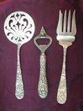 Stieff "Rose" and "Chrysanthemum" Sterling Silver Flatware: Cold Meat Fork, Opener, Tomato Server