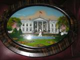 Reverse Painting on Glass of the White House in Washington, D. C., with Vintage Convex Glass and Faux Grain Frame