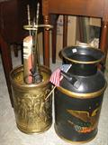 Vintage Fire Tools, Bas Relief Brass Umbrella Stand Painted Milk Jug, Beside a Virginia Walnut Side Table